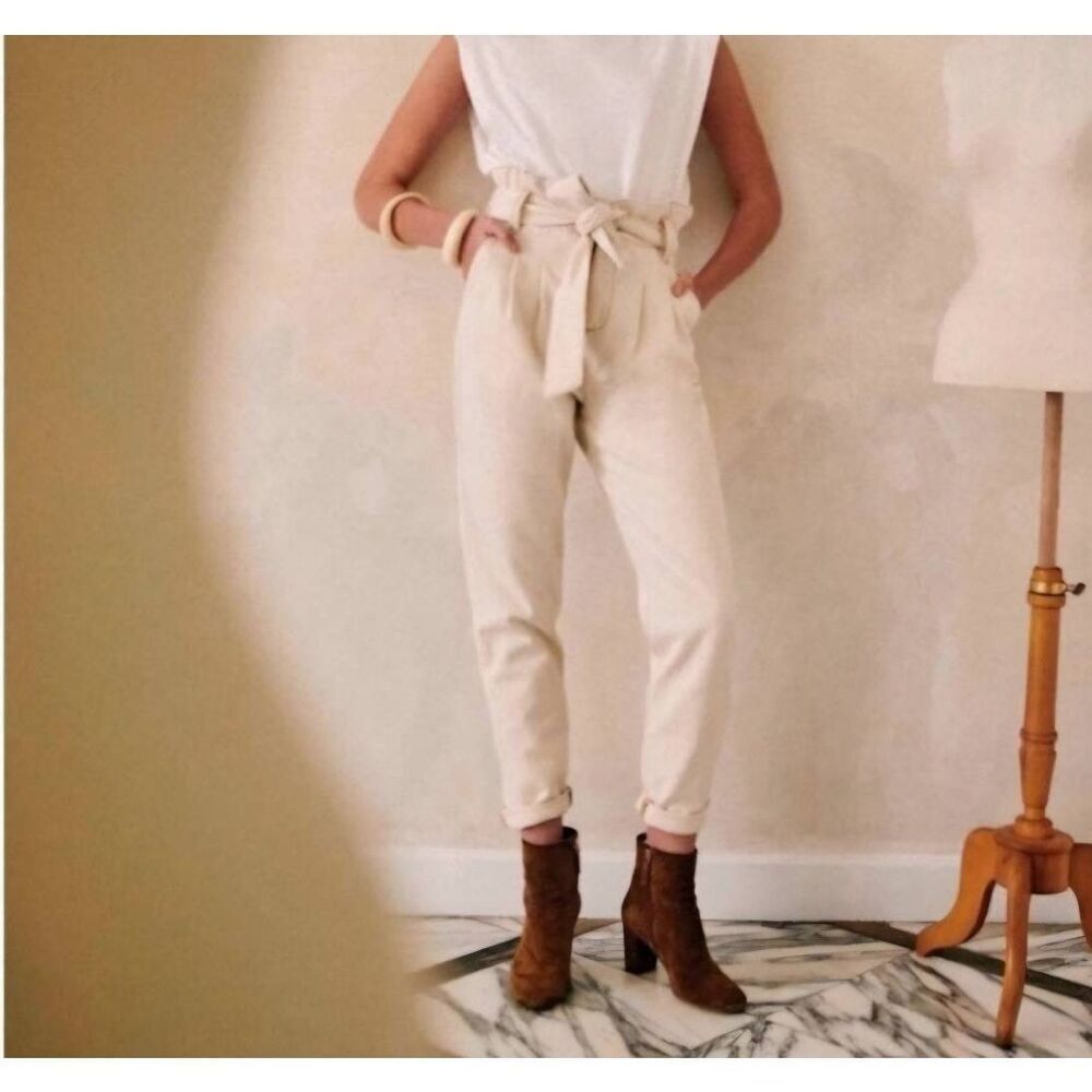 Sezane Austin Trousers High Waisted Tie Ankle Pants in Flecked Ecru Belted Sz 34